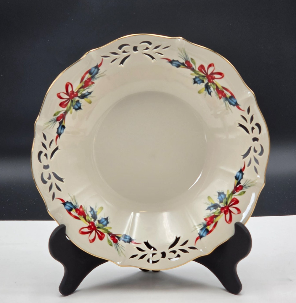 Lenox Winter Greetings Pierced Low Bowl 10 in Ivory Porcelain Gold Trim NIB